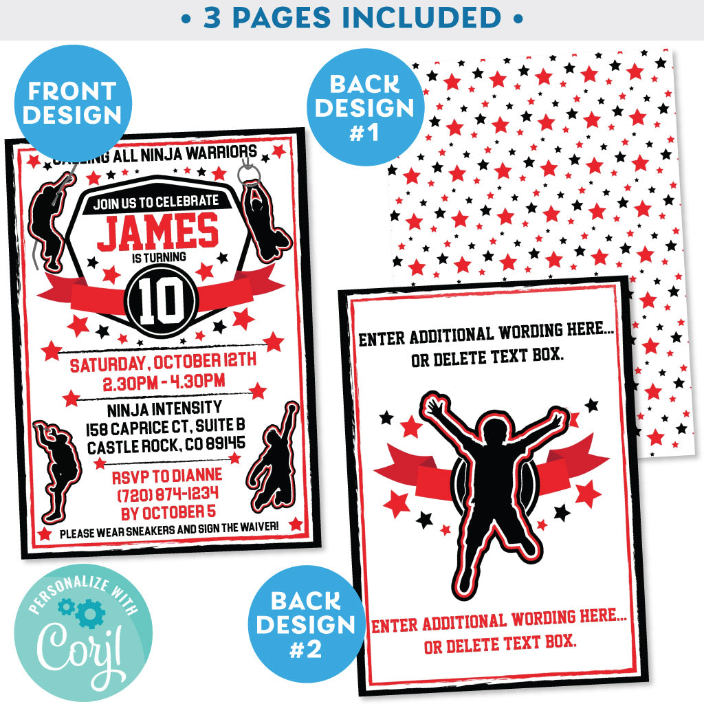 PRINTABLE Ninja Warrior Boys Invitation in Black and Red 5" X 7" – Invite Central