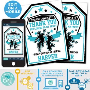 PRINTABLE Ninja Warrior Teal and Black Favor Tags 2.5" x 3.5"