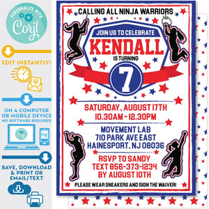 Ninja Warrior Girl Invitation Invite Blue and Red editable Zazzle Store