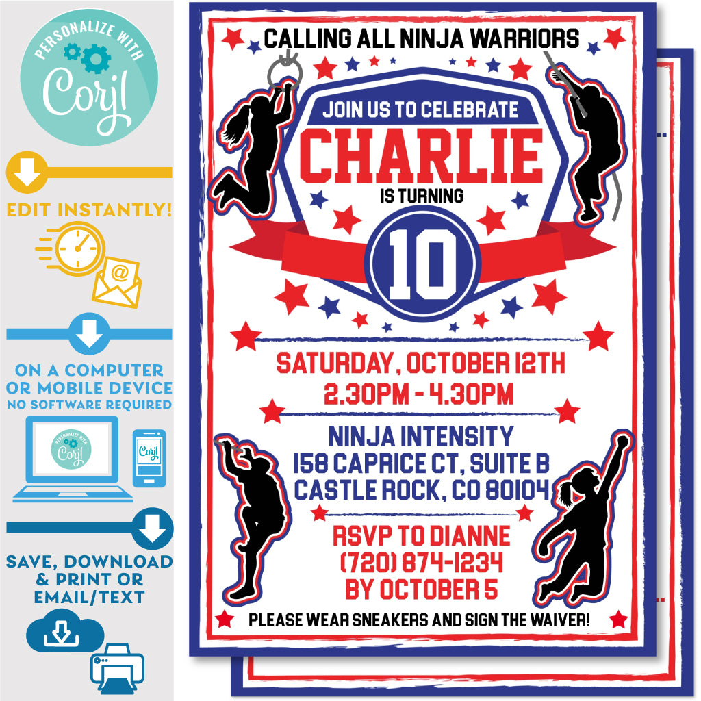 American Ninja Warrior Boys Invitation in Blue and Red – Invite Central for Free Printable Ninja Birthday Invitation Template Free