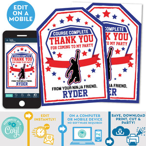 PRINTABLE Ninja Warrior Boys Blue and Red Favor Tags 2.5" x 3.5"