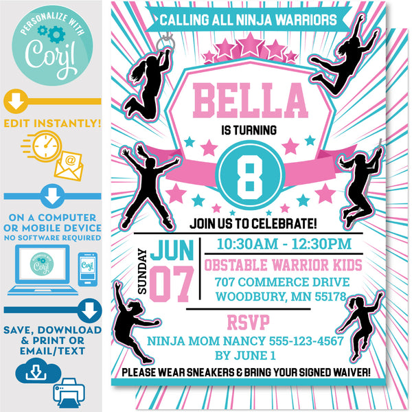 PRINTABLE Ninja Warrior Girls Radial Invitation in Pink and Teal 5