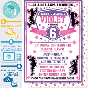 PRINTABLE Ninja Warrior Girls Invitation in Pink and Purple 5" x 7"