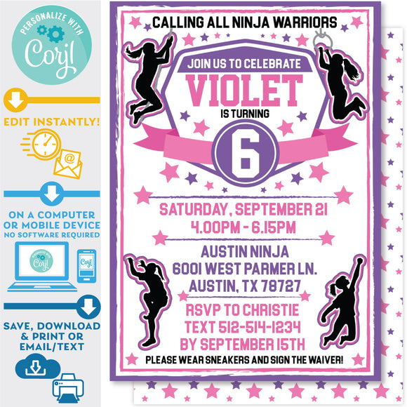 PRINTABLE Ninja Warrior Girls Invitation in Pink and Purple 5