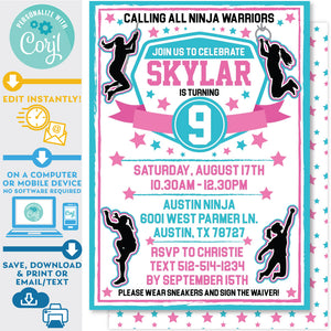 Ninja Warrior Girl Invitation Invite Pink and Teal editable Zazzle Store