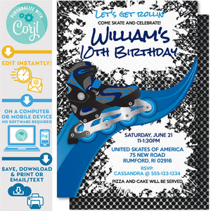 PRINTABLE Roller Blade in Blue Invitation 5" x 7"