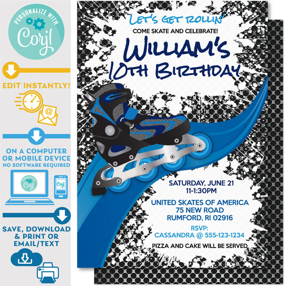 PRINTABLE Roller Blade in Blue Invitation 5