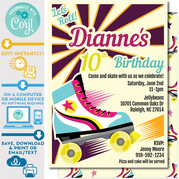 Retro Roller Skate Party Let's Roll Vintage Style Roller Skating Birthday Invitation