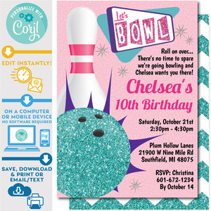 PRINTABLE Retro Tenpin Bowling Invitation in Pink and Teal Glitter 5" x 7"