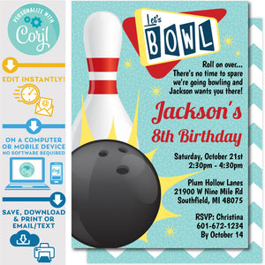  Retro Bowling Invitation Editable Ten Pin Up in Red and Teal Zazzle 